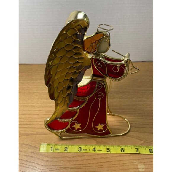 Vtg Stained Glass Christmas Angel Candle Holder Red & Gold 9inch Holding Trumpet - Picture 8 of 10